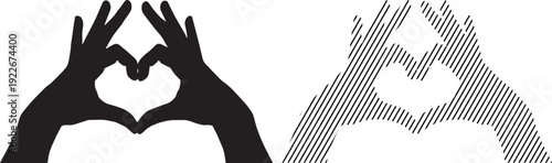 Vector icon of two hands forming a heart shape, symbolizing love, affection, care, or friendship. Offered in both a solid outline and a striped fill for versatile graphic design.