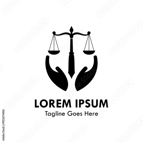 Professional justice scale logo held by human hands. Ideal for law firms, legal advocacy, and attorney services. Minimalist vector design representing balance and legal care.