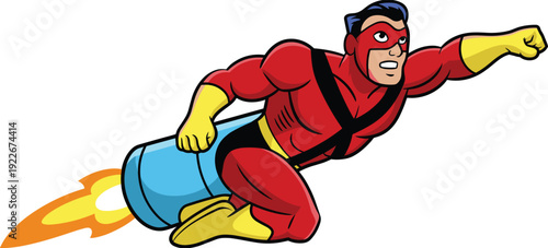 Muscular flying superhero in red suit and mask using rocket jetpack to fly fast isolated on white background vector illustration