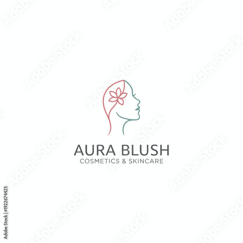 Minimalist logo design featuring a profile silhouette with flower, text beneath states cosmetics and skincare