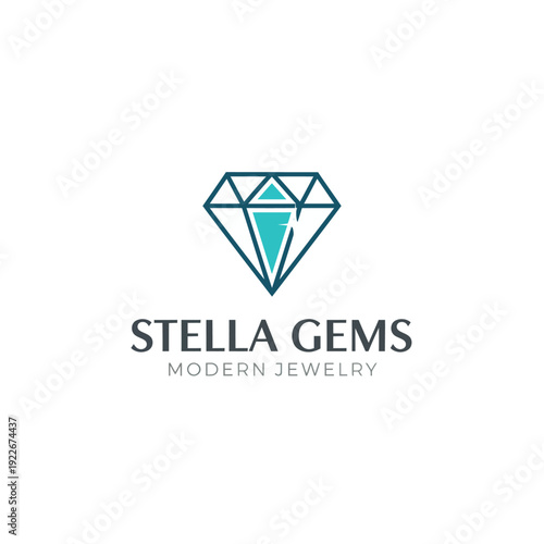 A geometric diamond design with a teal fill, accompanied by text below describing "modern jewelry