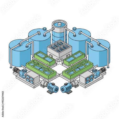 Isometric illustration of a complex water treatment and purification system.