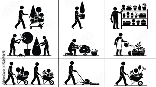 Gardening Activities Silhouette Collection Featuring Planting, Watering, Pruning, Landscaping, Lawn Mowing and Urban Garden Maintenance Lifestyle Concept Illustration