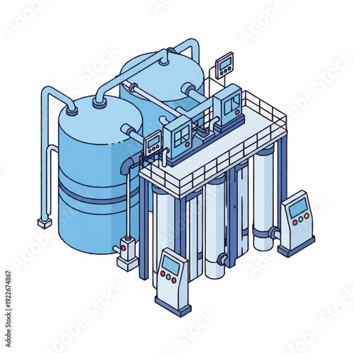 Isometric illustration of industrial water purification system.