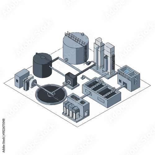 Isometric Industrial Water Treatment Plant Diagram.