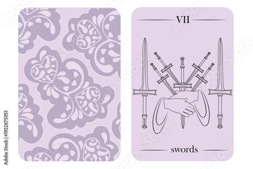 Seven of Swords Tarot Card – Minimal Lavender Vector Illustration with Ornamental Back Design