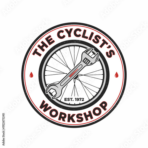 Circular emblem showcasing a bicycle wheel, wrench, text, and drops, suggesting repair service