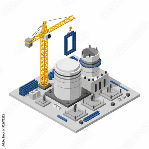 Isometric Nuclear Power Plant Construction Site with Crane and Reactor Buildings.