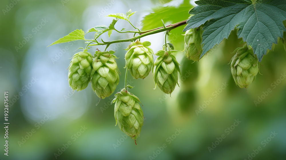 Fototapeta premium Green Hop Cones Hanging on a Branch in a Field