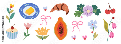 Set of spring summer stickers. Icons for tropical vacation. Seasonal elements collection. Fruits, flower, leaves, tulip, papaya, bow, ribbon, croissant, cupcake, cherry, cafe accessories.