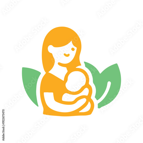 Stylized flat illustration of a mother tenderly holding her baby surrounded by green organic leaves symbolizing nurturing and natural growth