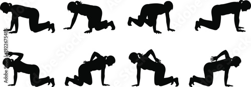 Fitness exercise silhouette set showing women performing floor workout movements, strength training poses, home workout routine and healthy active lifestyle concept