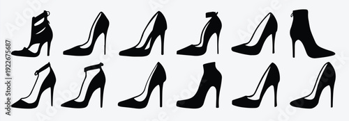 black illustration of various kinds of shoes group of