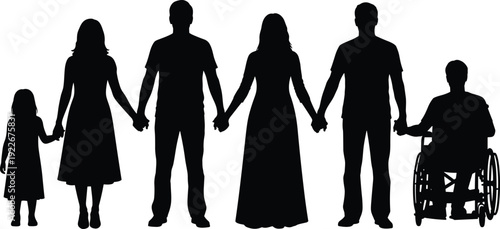 Family Unity and Inclusion Silhouette Illustration Showing Diverse People Holding Hands Including Child and Wheelchair User Representing Equality Concept