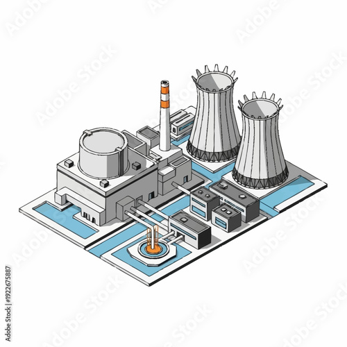 Isometric Nuclear Power Plant with Cooling Towers and Reactor Building.