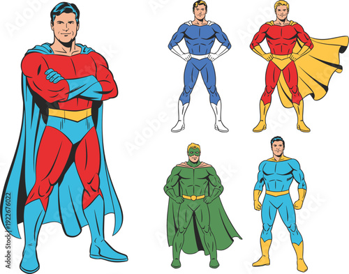 Set of vintage comic book superheroes in colorful costumes and capes, heroic male characters in various poses for graphic design projects