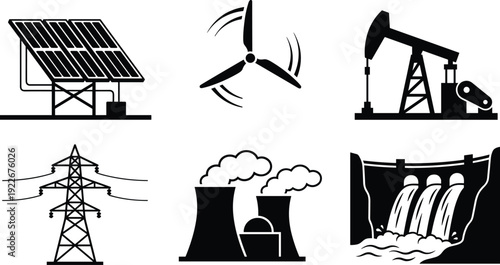 Energy Production Silhouette Icon Set Showing Solar Panels, Wind Turbine, Oil Pumpjack, Nuclear Power Plant, Transmission Tower and Hydroelectric Dam Systems