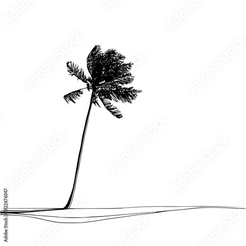 A lone palm tree silhouette bending in the wind with a minimalist horizon line in black and white style