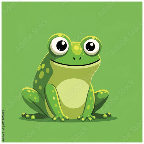A cartoon green frog with big eyes and spots sitting on a green background. Perfect for children's books, educational materials, and kids' websites.