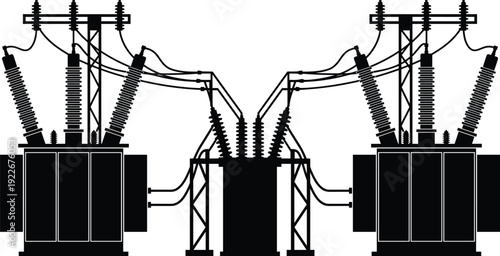 Electrical Power Substation Transformer Silhouette Illustration Featuring High Voltage Equipment, Energy Distribution Network, Utility Infrastructure and Industrial Electricity Transmission System