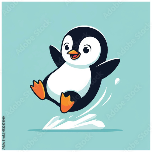 A cartoon penguin jumping in the air with a splash of water, set against a light blue background. Perfect for children's books, educational materials, and marketing content.