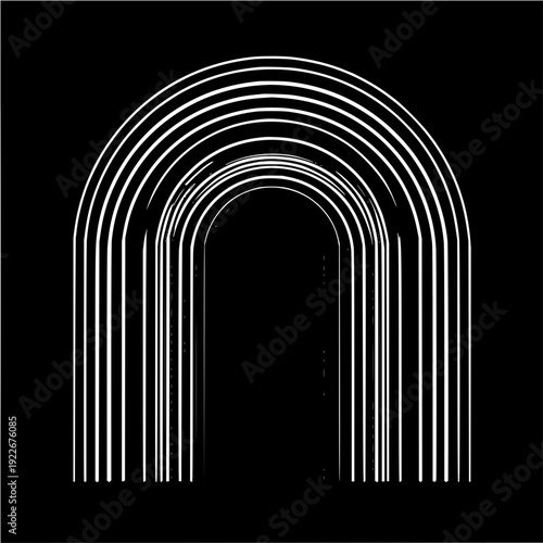 White lines forming archways in a receding perspective on a black background creating a tunnel effect
