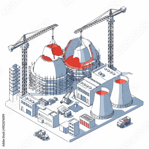 Isometric view of a nuclear power plant under construction with cranes.