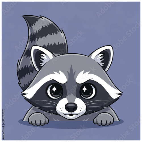 A cartoon raccoon with distinctive black and white markings peeking forward on a blue background. Perfect for children, educational materials, and wildlife illustrations.