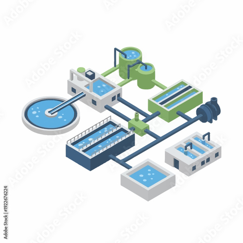 Isometric Water Treatment Plant Diagram with Purification and Filtration Systems.