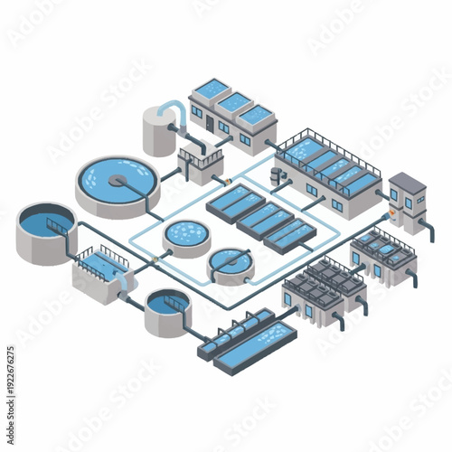 Isometric Water Treatment Plant Diagram with Tanks and Buildings.
