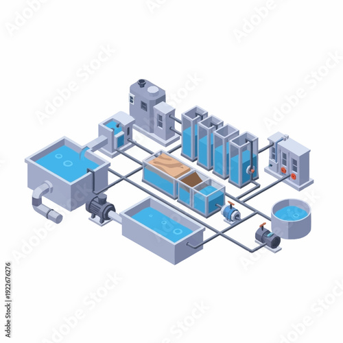 Isometric Water Treatment Plant Diagram with Tanks and Filtration System.