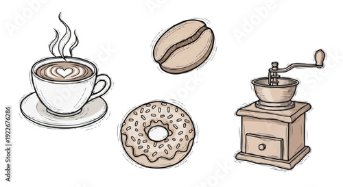 Hand-drawn coffee and pastry icons including a steaming cup, donut, coffee bean, and grinder