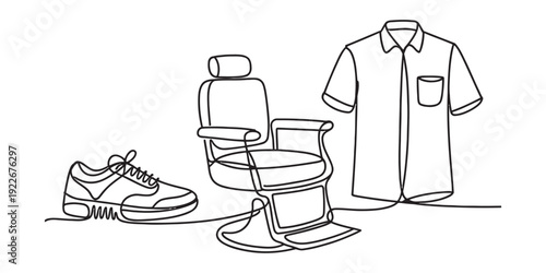 Continuous line drawing of a sneaker, a barber chair, and a short-sleeved button-down shirt Vector, illustration