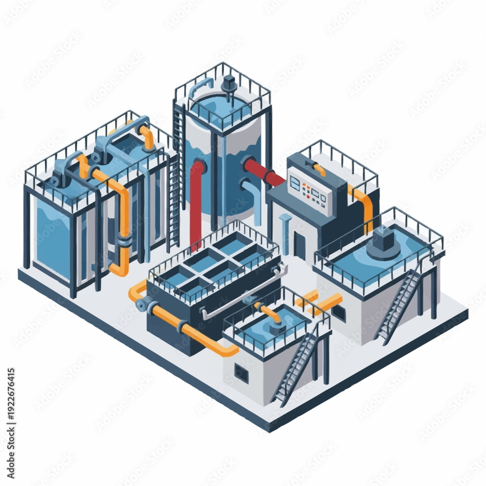 Obraz premium Isometric Water Treatment Plant Illustration with Tanks and Pipes.