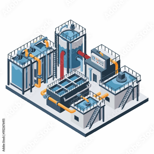Isometric Water Treatment Plant Illustration with Tanks and Pipes.