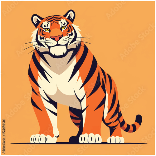 A vibrant digital illustration of a tiger standing on a solid orange background, showcasing its orange and black stripes. Perfect for wildlife designs, educational materials, and
