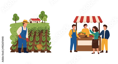 Farm to Market Supply Chain: Farmer working in a field and customers buying fresh produce at a local market stall. Vector illustration on white.