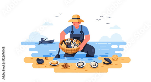 Oyster Harvester Collecting Shellfish Basket on Beach. Flat Vector Illustration of Fisherman in Water.