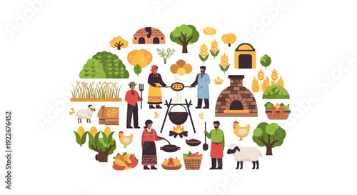 Traditional Farming and Folk Cooking Concept Vector Illustration. Rural Homestead Life, Harvest, Farmers, Livestock, Ovens, and Organic Produce in a Circular Composition.