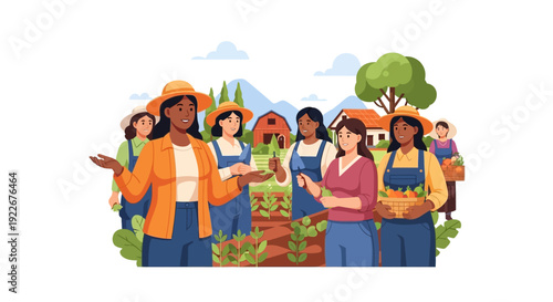 Diverse Women Farmers Team Working on Community Farm. Agriculture, Sustainability, and Female Empowerment Illustration.
