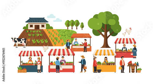 Farmers Market Vector Illustration. Local sellers offering fresh organic vegetables and fruits with a sustainable farm-to-table background.