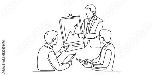 Continuous line drawing of business people discussing a growth chart during a meeting Vector, illustration