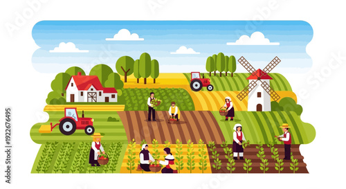 Agriculture and Farming Scene: Farmers Harvesting Crops in Rural Landscape with Tractor, Windmill, and Farmhouse. Flat Vector Illustration.