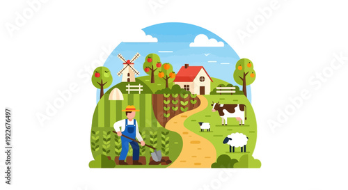 Flat Vector Illustration of Farmer Working Field on Traditional Rural Farm Landscape with House, Windmill, and Livestock