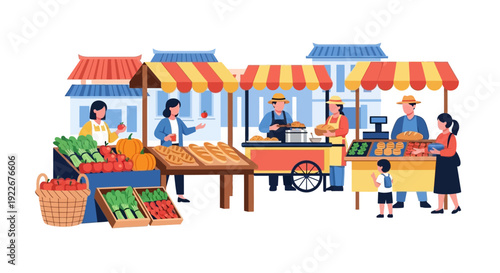 Busy Farmer's Market Scene Vector Illustration. People Selling and Buying Fresh Produce, Baked Goods, and Street Food at Stalls.