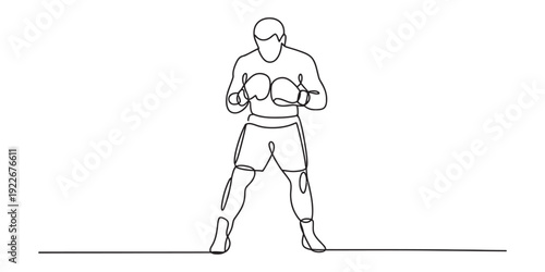 Continuous one line drawing of a professional boxer in a fighting stance wearing gloves and shorts. Vector, illustration