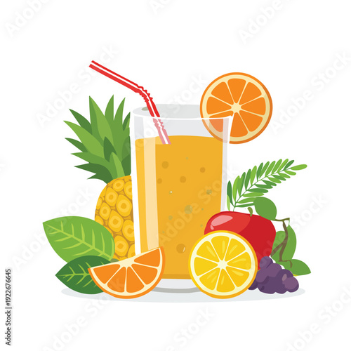 Fresh fruit juice glass with pineapple orange apple and grapes