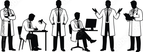 Doctor silhouette collection showing medical professionals working, consulting and examining patients, healthcare occupation illustration set for hospital and clinical service concepts