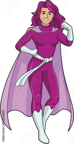 Smiling female superhero with purple hair and costume wearing a cape and white boots standing confidently on a white background