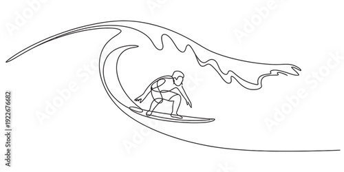 Minimalist line art illustration of a surfer riding inside a large ocean wave barrel. Vector, illustration